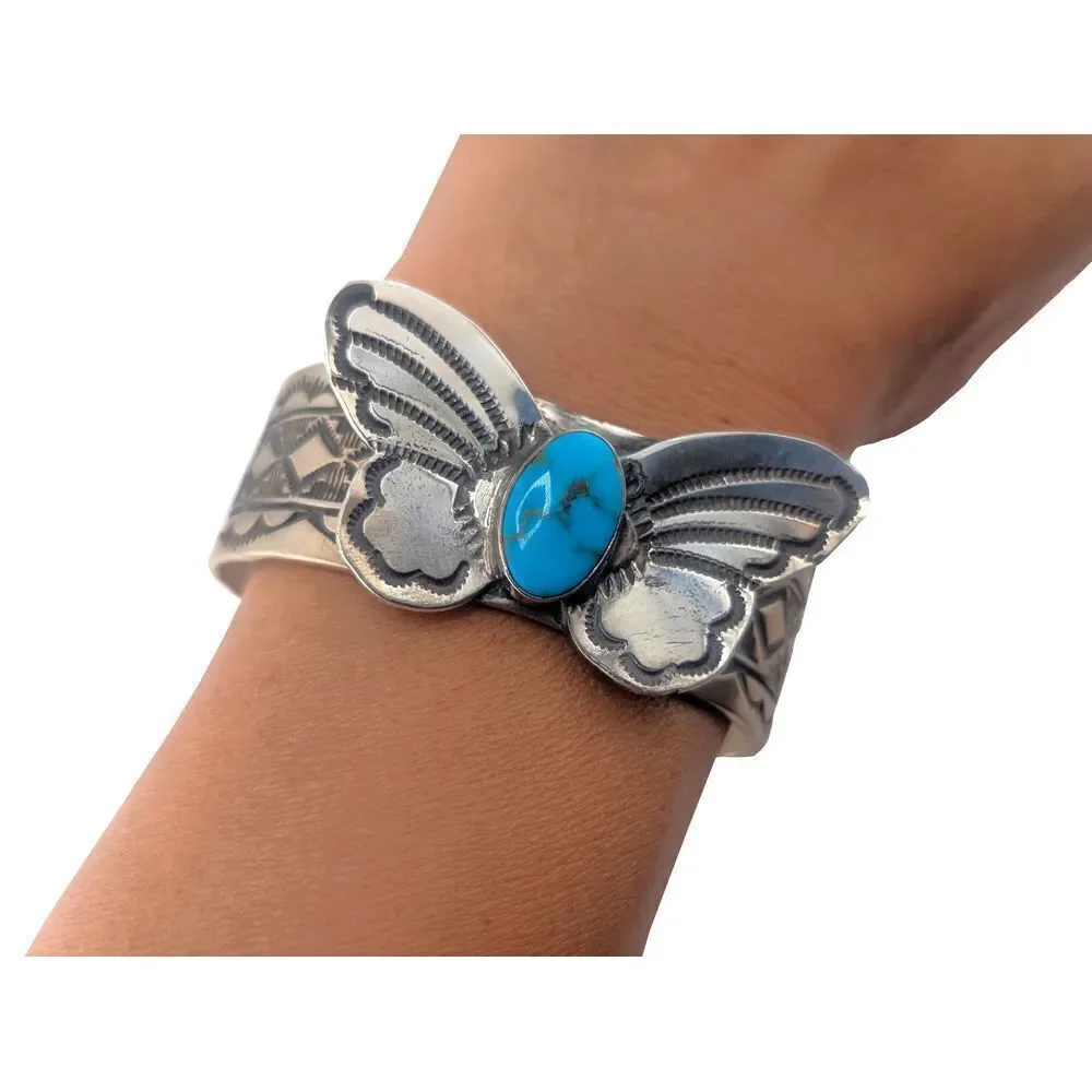 Navajo Cuff Bracelet Handmade‎ Butterfly Native American Turquoise Silver sz 7** - Picture 4 of 10